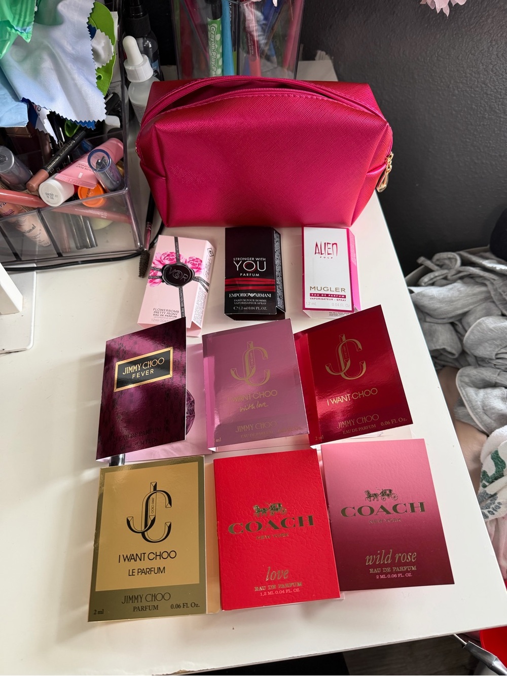 Jimmy Choo Hot Pink Cosmetic Pouch with Perfume Sample Cards